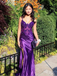 Gorgeous Purple Lace Appliques V-neck Spaghetti Strap Mermaid Side Slit Long Prom Dress