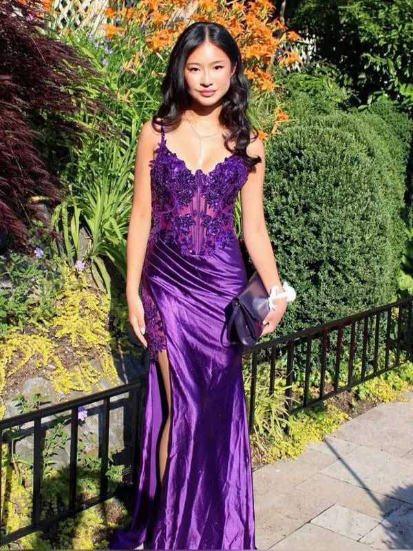 Gorgeous Purple Lace Appliques V-neck Spaghetti Strap Mermaid Side Slit Long Prom Dress