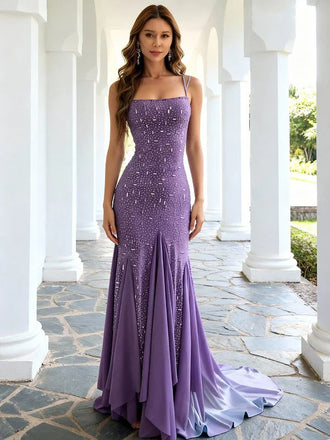 Gorgeous Purple Spaghetti Strap Beaded Mermaid Long Prom Dress