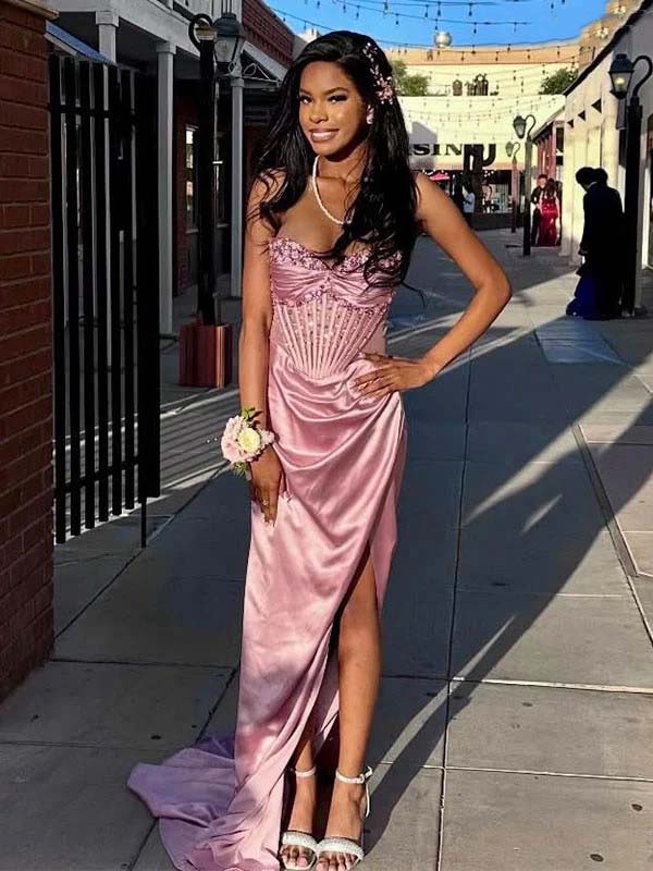 Gorgeous Satin Pink Sweetheart Lace Appliques Strapless Side Slit Mermaid Long Prom Dress