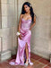 Gorgeous Satin Pink Sweetheart Lace Appliques Strapless Side Slit Mermaid Long Prom Dress