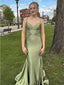 Gorgeous Satin Sage V-neck Lace Appliques Spaghetti Strap V-back Mermaid Maxi Prom Dress