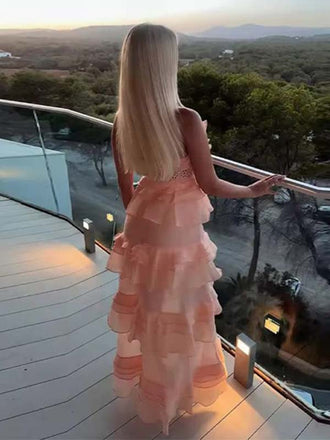 Gorgeous Tulle V-neck Lace Spaghetti Strap Ruffles A-line Long Prom Dress