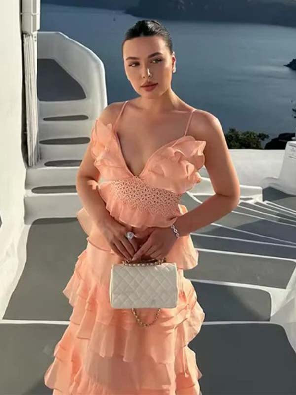 Gorgeous Tulle V-neck Lace Spaghetti Strap Ruffles A-line Long Prom Dress