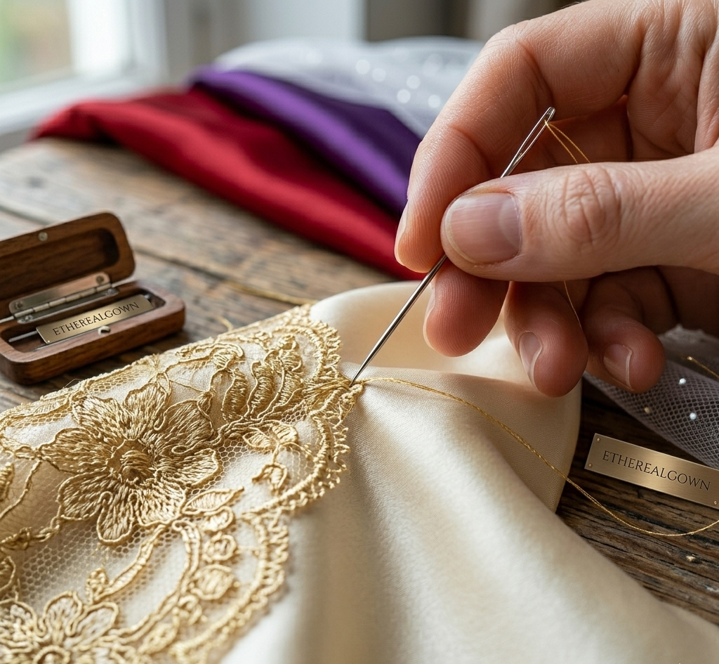 Person sewing gold lace onto fabric with a needle and thread, surrounded by fabric and thread on a wooden surface.