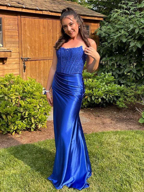 Premium Royal Blue Satin Lace Strapless Side Slit Mermaid Maxi Prom Dress