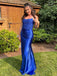 Premium Royal Blue Satin Lace Strapless Side Slit Mermaid Maxi Prom Dress