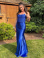 Premium Royal Blue Satin Lace Strapless Side Slit Mermaid Maxi Prom Dress