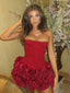 Retro Burgundy 3D Flower Lace-Up Square Strapless A-line Short Mini Dress Homecoming Dress