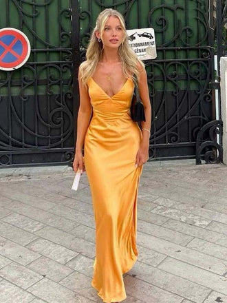 Sexy Mustard Satin V-neck Spaghetti Strap Open-Back Mermaid Long Prom Dress