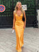 Sexy Mustard Satin V-neck Spaghetti Strap Open-Back Mermaid Long Prom Dress