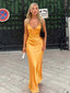 Sexy Mustard Satin V-neck Spaghetti Strap Open-Back Mermaid Long Prom Dress