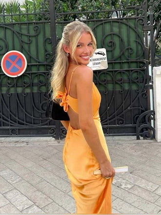 Sexy Mustard Satin V-neck Spaghetti Strap Open-Back Mermaid Long Prom Dress