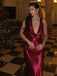 Sexy Satin Burgundy V-neck Backless Mermaid Long Prom Dress