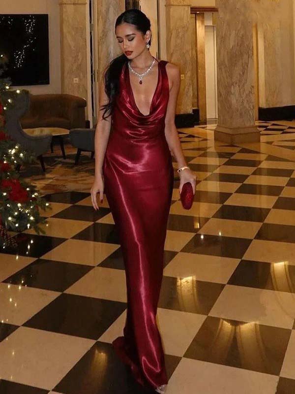 Sexy Satin Burgundy V-neck Backless Mermaid Long Prom Dress
