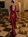 Sexy Satin Burgundy V-neck Backless Mermaid Long Prom Dress