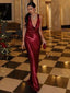Sexy Satin Burgundy V-neck Backless Mermaid Long Prom Dress