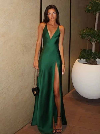 Sexy Satin Green Deep V-neck Spaghetti Strap Side Slit Mermaid Wedding Guest Dress Prom Dress