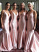 Sexy Satin Pink V-neck Strap Mermaid Long Bridemaid Dress Wedding Guest Dress