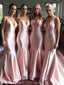 Sexy Satin Pink V-neck Strap Mermaid Long Bridemaid Dress Wedding Guest Dress