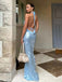 Sexy Sequin Blue Halter Backless Mermaid Long Prom Dress