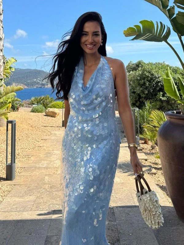 Sexy Sequin Blue Halter Backless Mermaid Long Prom Dress