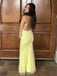Sexy Yellow V-neck Lace Appliques Lace-Up Spaghetti Strap Mermaid Long Prom Dress