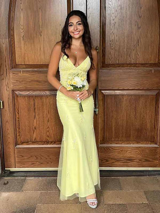 Sexy Yellow V-neck Lace Appliques Lace-Up Spaghetti Strap Mermaid Long Prom Dress