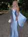 Simple Blue Neck With Trail Strapless Mermaid Long Prom Dress Evening Dress