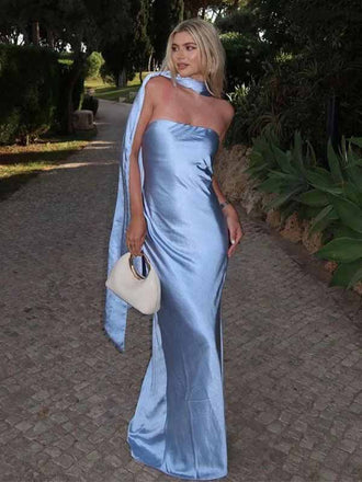 Simple Blue Neck With Trail Strapless Mermaid Long Prom Dress Evening Dress