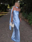 Simple Blue Neck With Trail Strapless Mermaid Long Prom Dress Evening Dress