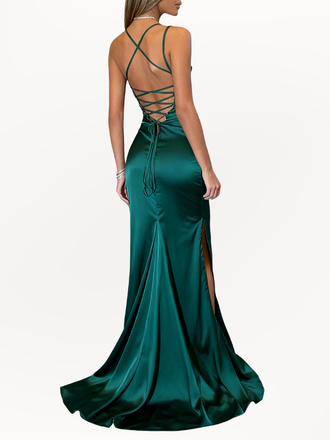 Simple Satin Dark Green Spaghetti Strap Side Slit Lace Up Mermaid Long Prom Dress,Wedding Guest Dress
