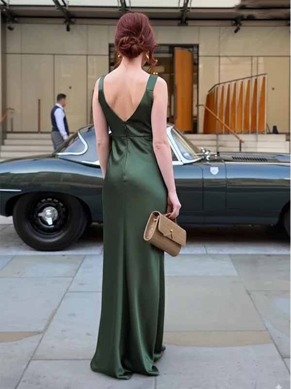 Simple Satin Dark Green V-neck Strap V-back Mermaid Long Prom Dress
