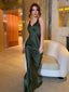 Simple Satin Dark Green V-neck Strap V-back Mermaid Long Prom Dress