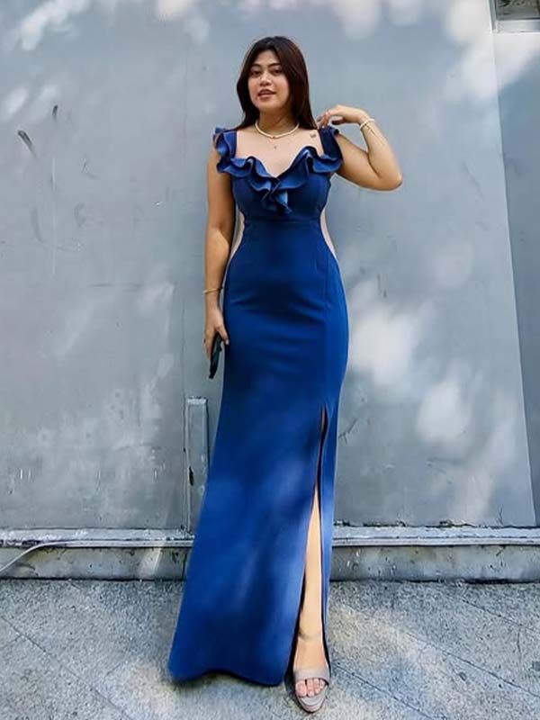 Simple Satin Navy Blue Ruffle Side Slit Mermaid Long Prom Dress