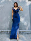 Simple Satin Navy Blue Ruffle Side Slit Mermaid Long Prom Dress