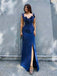 Simple Satin Navy Blue Ruffle Side Slit Mermaid Long Prom Dress