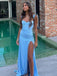 Simple Sky Blue Satin V-neck Lace Trim High-Slit Mermaid Long Prom Dress