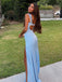 Simple Sky Blue Satin V-neck Lace Trim High-Slit Mermaid Long Prom Dress