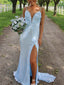 Spakly Sky Blue Sequin V-neck Spaghetti Strap Open Back Side Slit Mermaid Long Prom Dress