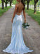 Spakly Sky Blue Sequin V-neck Spaghetti Strap Open Back Side Slit Mermaid Long Prom Dress