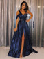 Sparkly Sequin Navy Sweetheart One Shoulder Side Slit A-line Long Prom Dress
