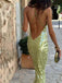 Sparkly Sequin Sage V-neck Spaghetti Strap Backless Lace Up Mermaid Long Prom Dress