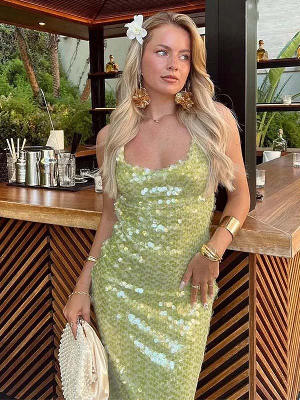 Sparkly Sequin Sage V-neck Spaghetti Strap Backless Lace Up Mermaid Long Prom Dress