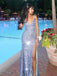 Sparkly Sequins Light Blue V-neck Spaghetti Strap Side Slit Mermaid Long Evening Dress Prom Dress