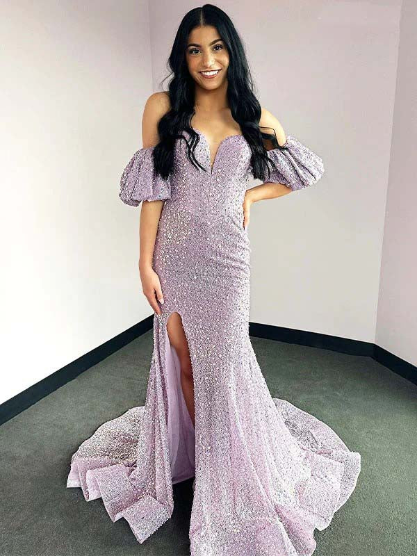Sparkly Sequins Purple Sweetheart Off Shoulder Strapless Side Slit Mermaid Long Prom Dress