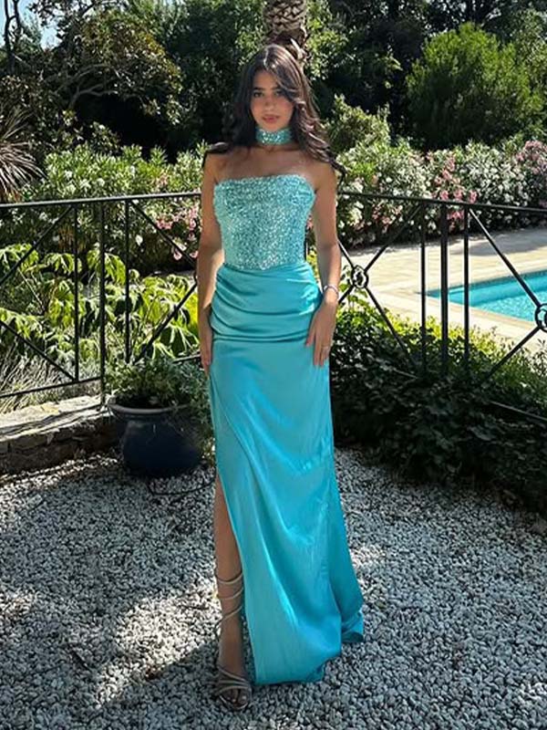 Sparkly Turquoise Sequin Strapless Choker Side Slit Backless Mermaid Long Prom Dress