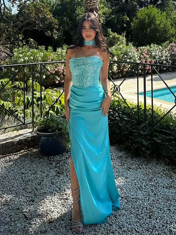 Sparkly Turquoise Sequin Strapless Choker Side Slit Backless Mermaid Long Prom Dress