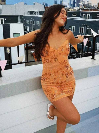 Sparkly V-neck Lace Appliques Spaghetti Strap Lace-Up Bodycon Homecoming Dress Short Mini Dress