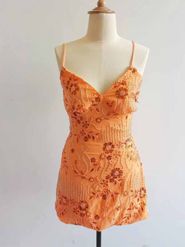 Sparkly V-neck Lace Appliques Spaghetti Strap Lace-Up Bodycon Homecoming Dress Short Mini Dress